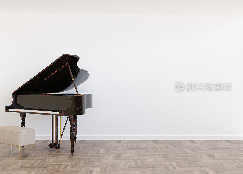 房间镶木地板，白色墙壁和空的空间。黑色的钢琴。模型内部。免费，复制空间为您的家具，图片，装饰等物品。3 d渲染。